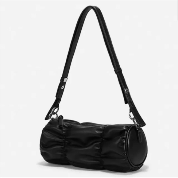 AZA Micro Kingpin Black Gathered Barrel Bag Round Log Crossbody Chain Purse - Picture 2 of 14